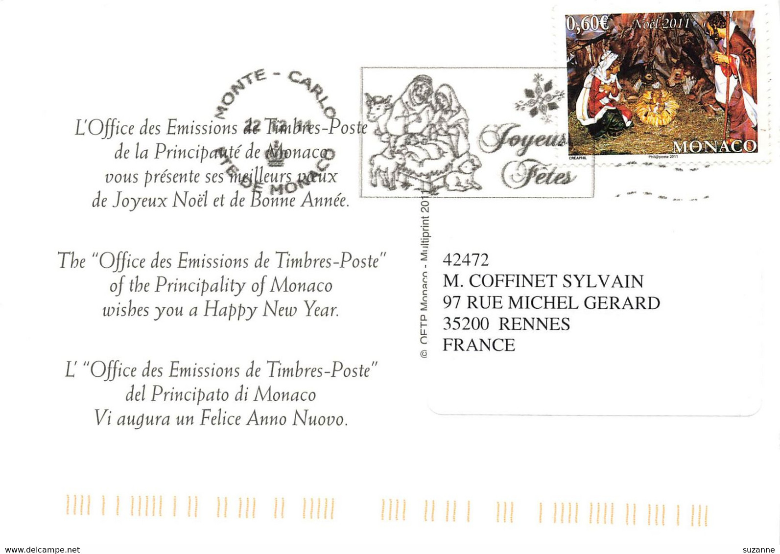 TIMBRES MONACO Sur 3 Cartes 2011 - NOEL - MONACOPHIL - Lettres & Documents