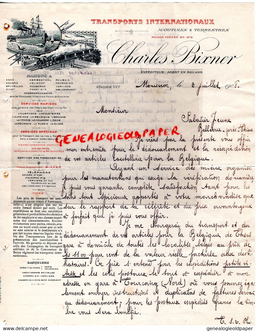 BELGIQUE- RARE LETTRE CHARLES BIXNER- AGENT EN DOUANE-TRANSPORTS MARITIMES- 1908 - Straßenhandel Und Kleingewerbe