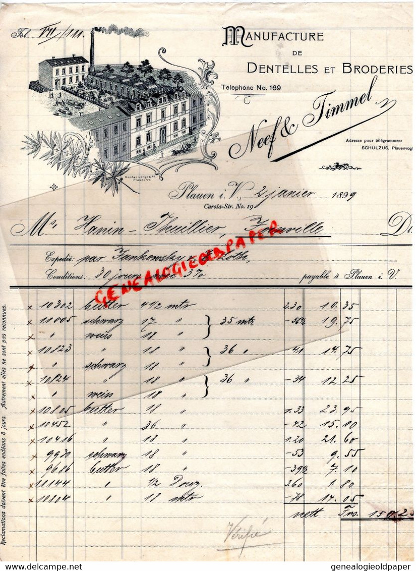 ALLEMAGNE- PLAUEN-RARE FACTURE NEEF & JIMMEL-MANUFACTURE DENTELLES BRODERIES-CAROLA STREET 19- 1899 - Artesanos