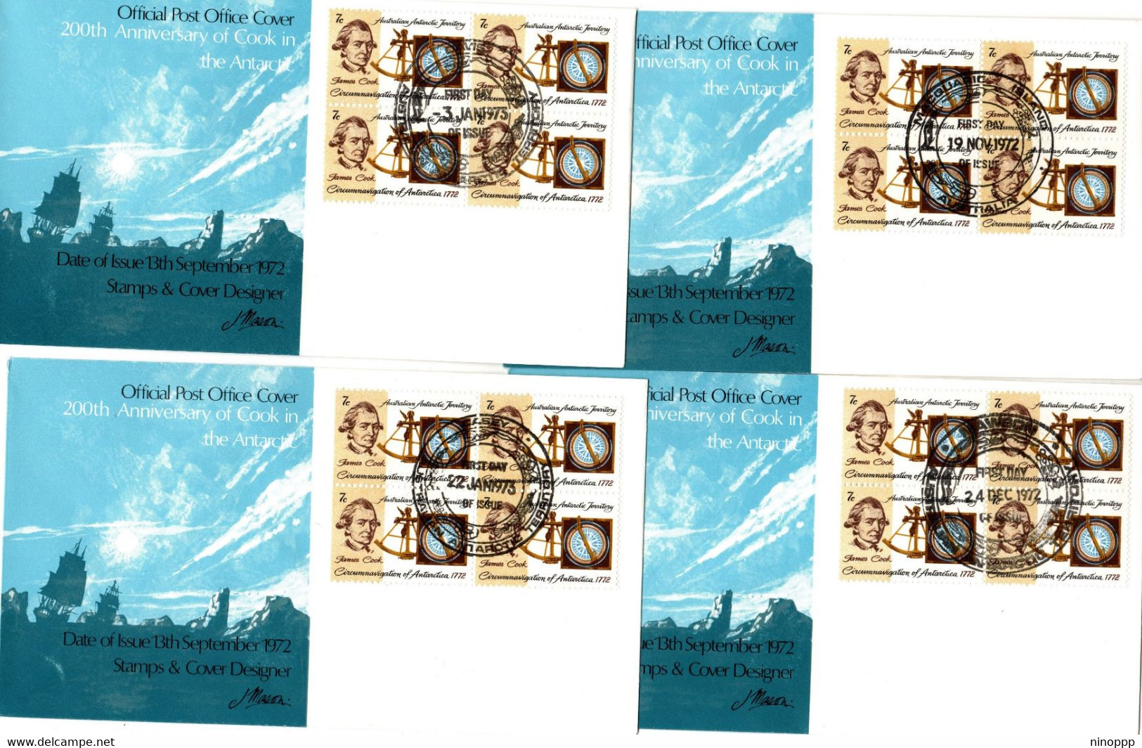 Australian Antarctic Territory 1972 Capt Cook 7c Block 4 Set 4 Bases First Day - FDC