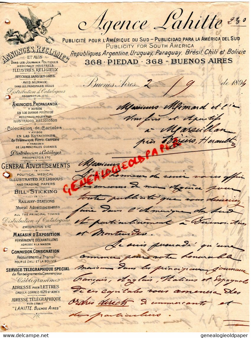 ETATS UNIS AMERIQUE -ARGENTINE-ARGENTINA- BUENOS AIRES-RARE LETTRE AGENCE LAHITTE-PUBLICITE URUGUAY-BRESIL-CHILI-BOLIVIE - Estados Unidos