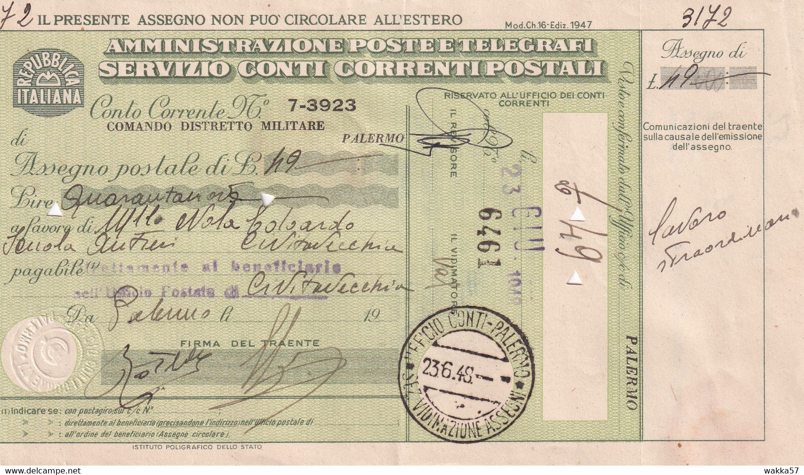 L82 - Assegno Postale1948 - Vaglia Postale