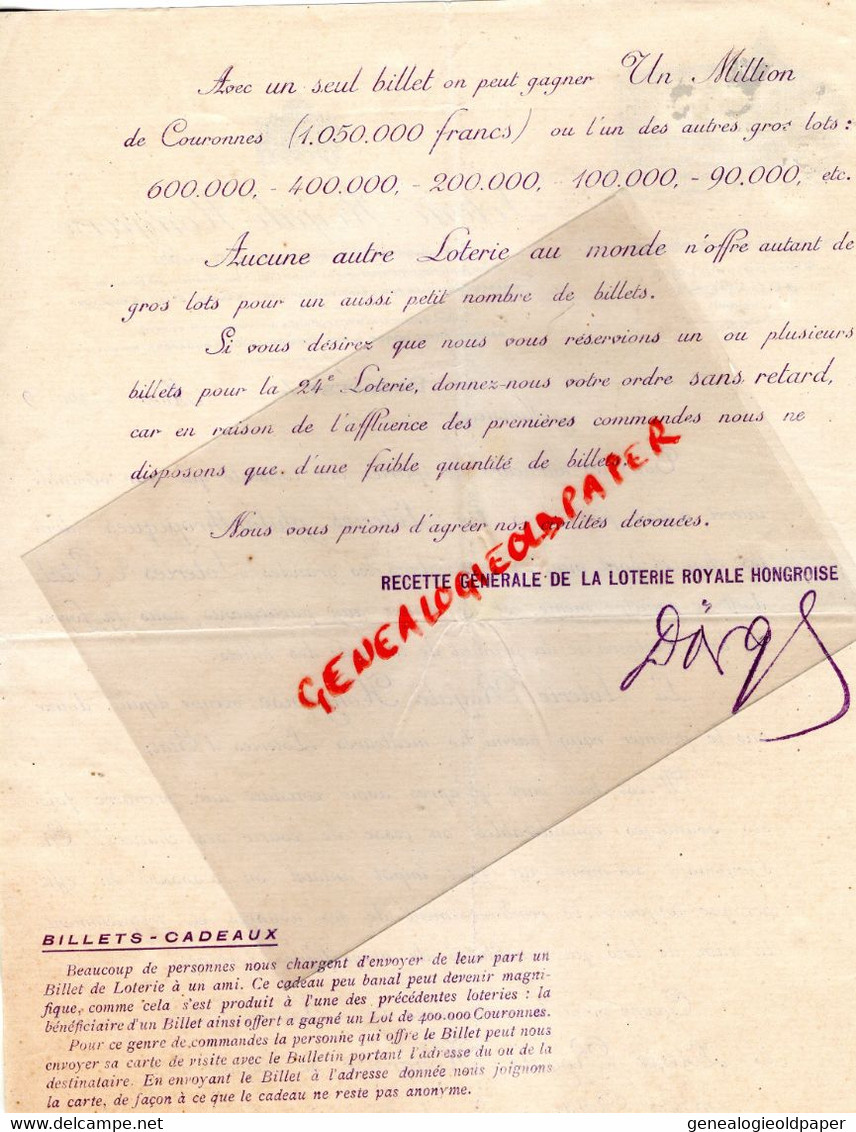 HONGRIE - BUDAPEST - RARE LETTRE BANQUE FRITZ DORGE LOTERIE ROYALE HONGROISE- 4 RUE KOSSUTH LAJOS-1909 - Sonstige & Ohne Zuordnung