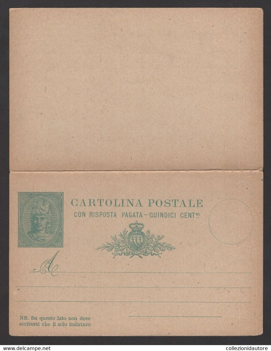 1906 - REPUBBLICA SAN MARINO - CARTOLINA POSTALE NUOVA CON RISPOSTA PAGATA DA QUINDICI CENTESIMI - Briefe U. Dokumente