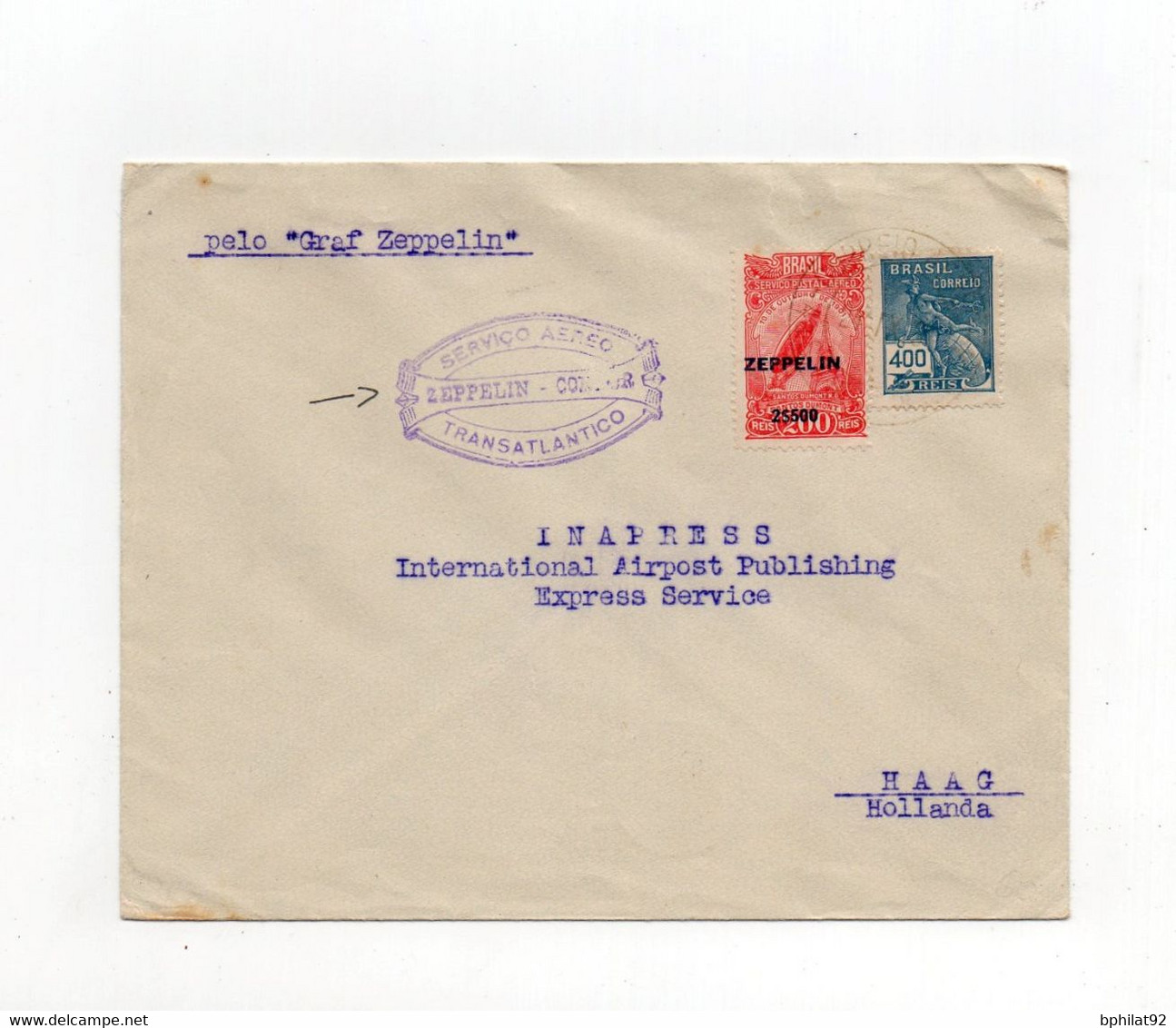 !!! LETTRE DU BRESIL DE 1931 POUR LA HOLLANDE, CACHET SERVICO AEREO ZEPPELIN CONDOR TRANSATLANTICO - Posta Aerea (società Private)