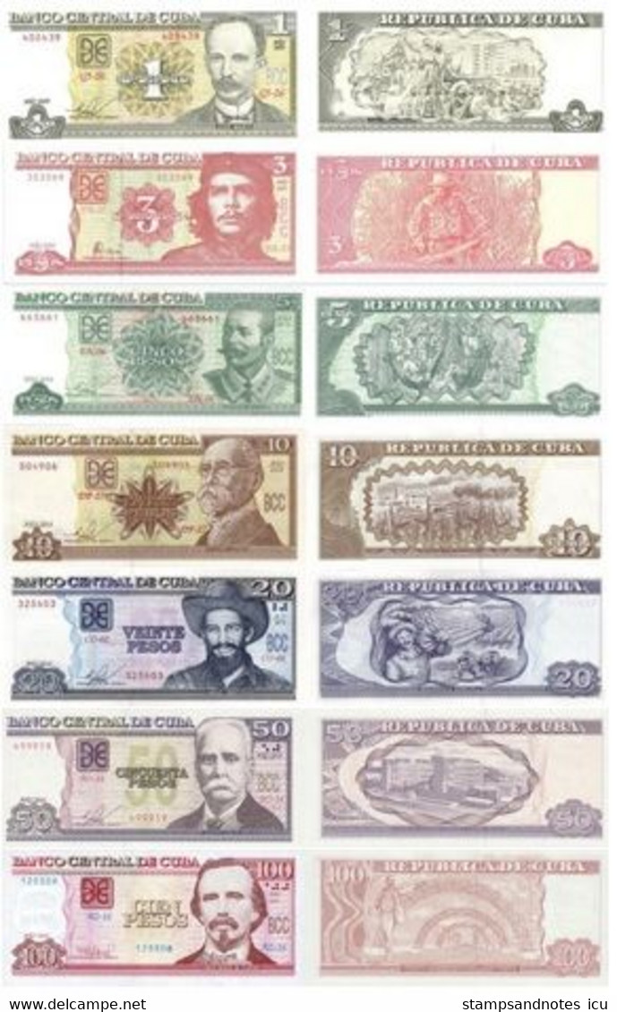 CUBA 1 3 5 10 20 50 100 Pesos Set Of 7 UNC Banknotes - Kuba