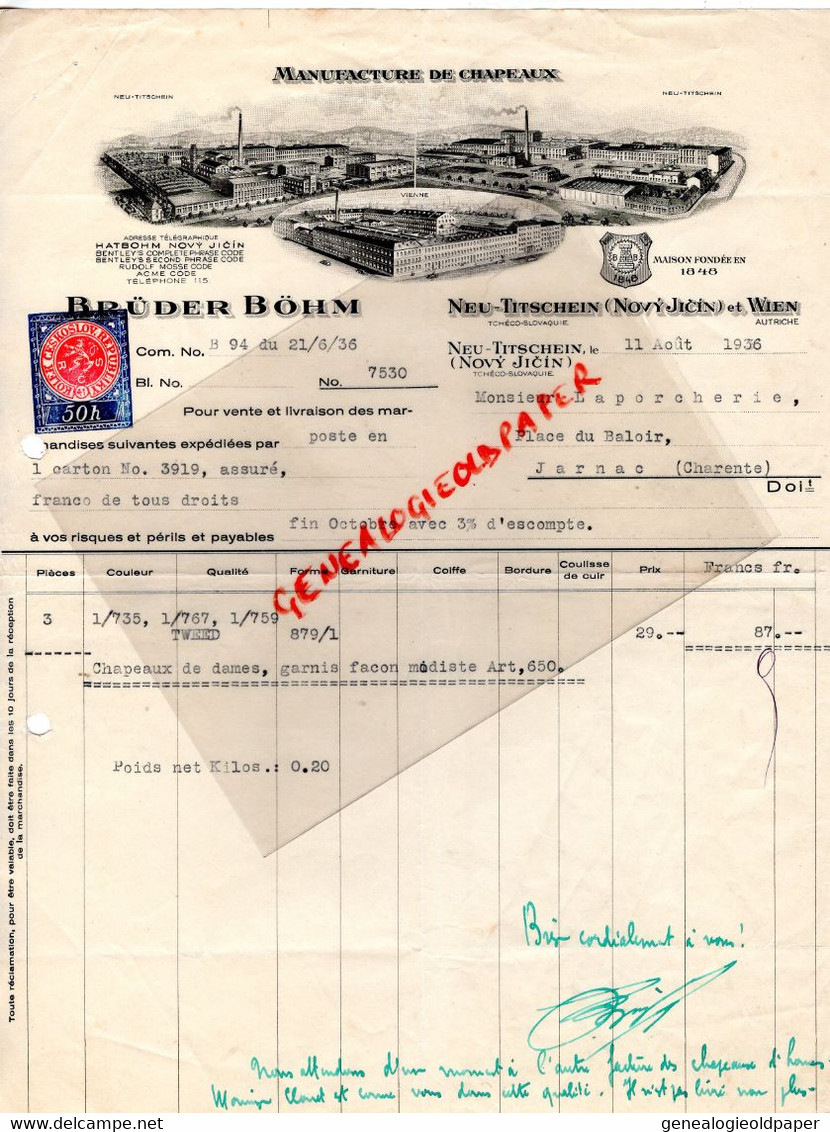 AUTRICHE- NEU TITSCHEIN-WIEN-VIENNE-RARE LETTRE BRUDER BOHM-MANUFACTURE CHAPEAUX-TCHEQUIE TCHECOSLOVAQUIE-1936 - Österreich