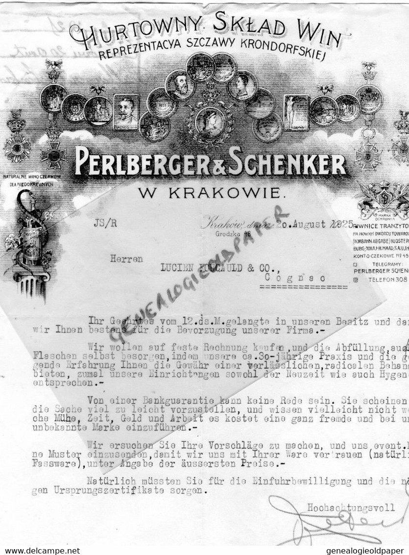 POLOGNE-POLAND-KRAKOWIE-RARE LETTRE PERLBERGER & SCHENKER-HURTOWNY SKLAD WIN-SZCZAWY KRONDORFSKIE-LUCIEN FOUCAULD 1925 - Autres & Non Classés