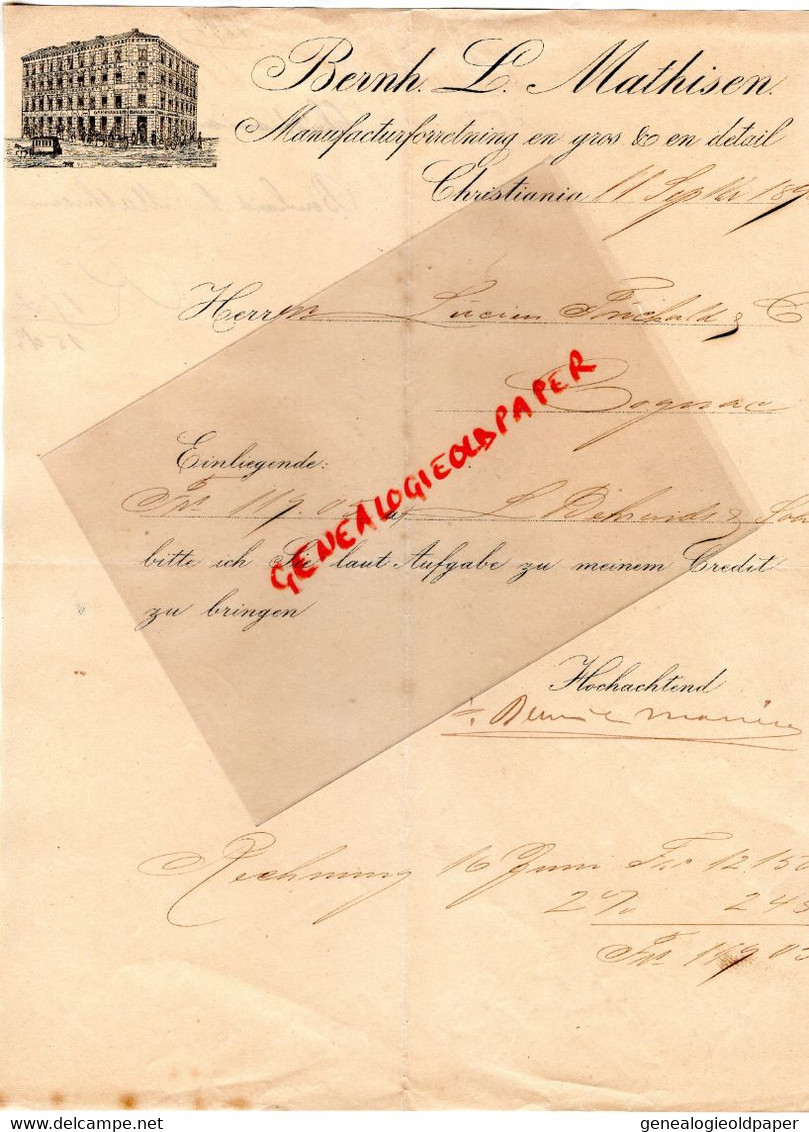 NORVEGE-NORGE-CHRISTIANA- RARE LETTRE BERNH L. MATHISEN-MANUFACTURFORRETNING - COGNAC 1894 - Autres & Non Classés