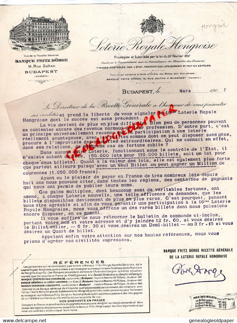 HONGRIE - BUDAPEST - RARE LETTRE BANQUE FRITZ DORGE LOTERIE ROYALE HONGROISE- 16 RUE ZOLTAN-1905 - Other & Unclassified