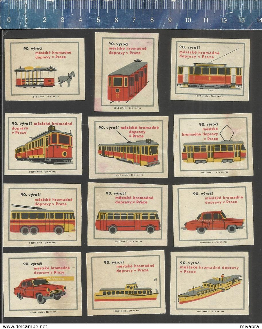 90 YEARS PUBLIC TRANSPORT PRAGUE TRAMS TRAMWAYS BUSSES TROLLEY BUS FERRY    Matchbox Labels CZECHOSLOVAKIA 1965 - Zündholzschachteletiketten