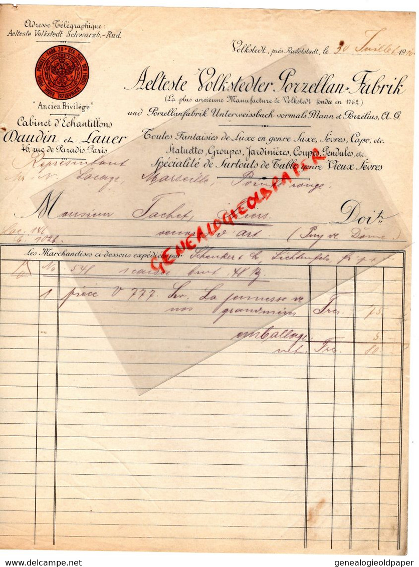 ALLEMAGNE- RARE LETTRE VOLKSTEDT RUDOSTADT-AELTESTE VOLKSTEDTER PORZELLAN FABRIK-PORCELAINE-DAUDIN LAUER PARIS-1910 - Straßenhandel Und Kleingewerbe