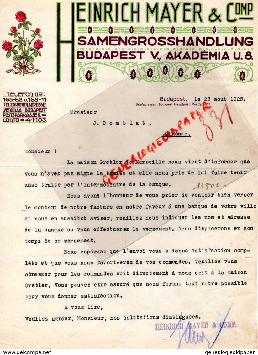HONGRIE-HUNGARY-BUDAPEST-RARE LETTRE HEINRICH MAYER -SAMENGROSSHANDLUNG -V. AKADEMIA-COMBLAT GIRONDE-1925 - Autres & Non Classés