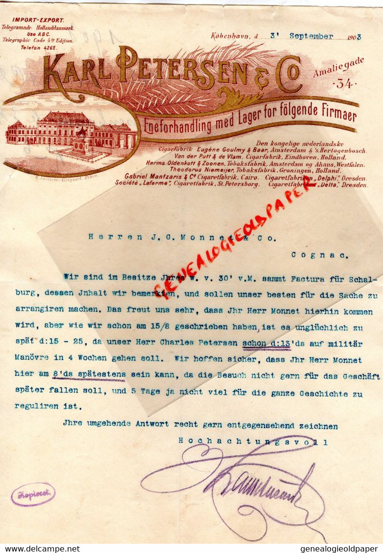 DANEMARK- KOBENHAVN- RARE LETTRE KARL PETERSEN- AMALIEGADE 34-  A MONNET COGNAC- 1903 - Autres & Non Classés