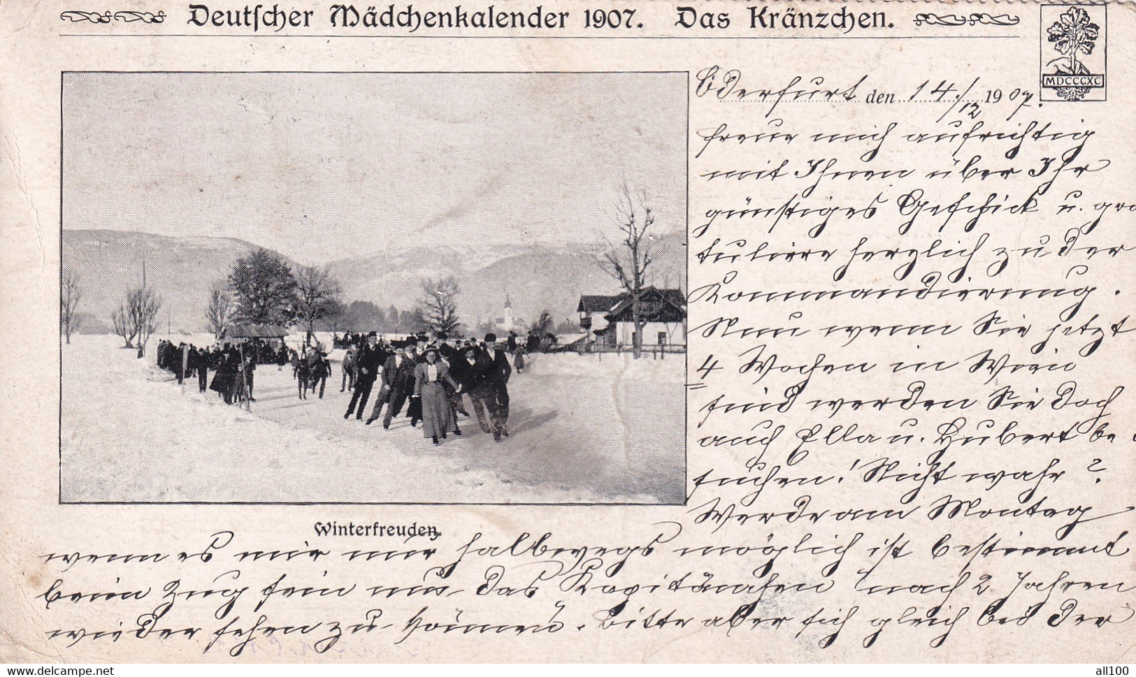 A22242 - Deutscher Madchenkalender Das Kranzchen Winterfreuden Ice Skating Austria Post Card Used 1907 Stamp - Sports D'hiver