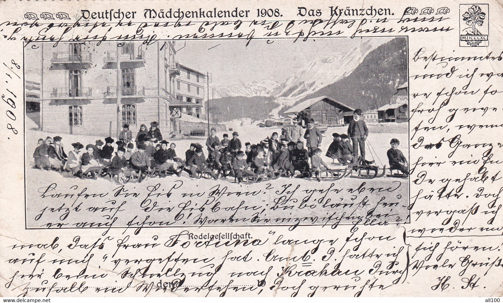 A22243 - Deutscher Madchenkalender Das Kranzchen Rodelgefellschaft Sled Children Austria Post Card Used 1908 Stamp - Sports D'hiver