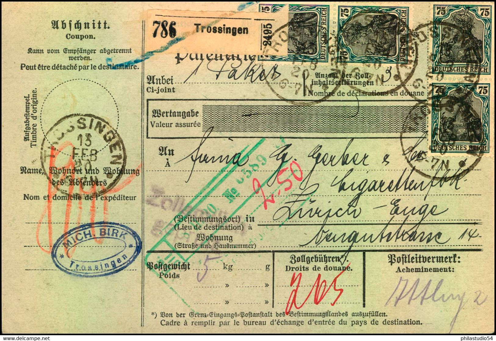 1920, Auslands-Paketkarte Aus TROSSINGEN Mit Germania Einheiten - Lettres & Documents
