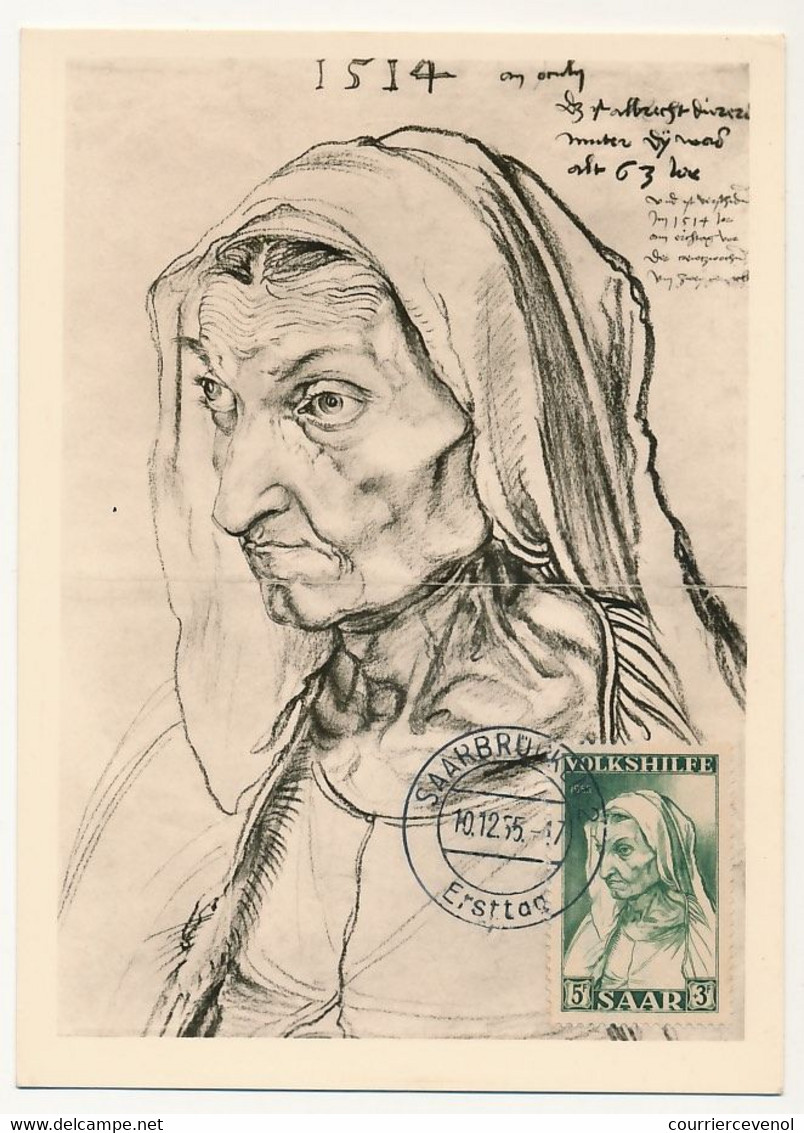 SARRE => Carte Maximum - 5F + 3F Albrecht Dürer : Dürers Mutter / Volkshilfe - Saarbrûcken - 10/12/1955 - Maximumkaarten