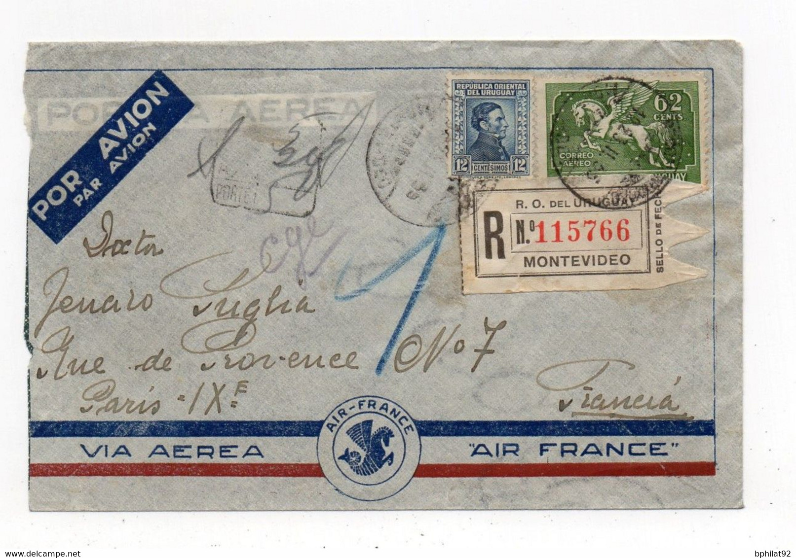 !!! URUGUAY, LETTRE RECOMMANDEE PAR AVION DE MONTEVIDEO POUR PARIS DE 1935 - Uruguay