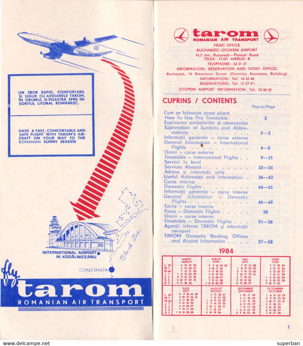 AVIATION CIVILE : TAROM / ROMANIAN AIR TRANSPORT - ORAR / FLUGPLAN / TIMETABLE : 25 MAR - 27 OCT 1984 - RRR !!! (ak857) - Europe