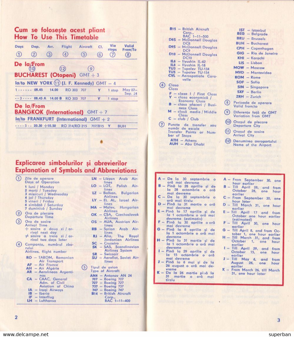 AVIATION CIVILE : TAROM / ROMANIAN AIR TRANSPORT - ORAR / FLUGPLAN / TIMETABLE : 25 MAR - 27 OCT 1984 - RRR !!! (ak857) - Europe