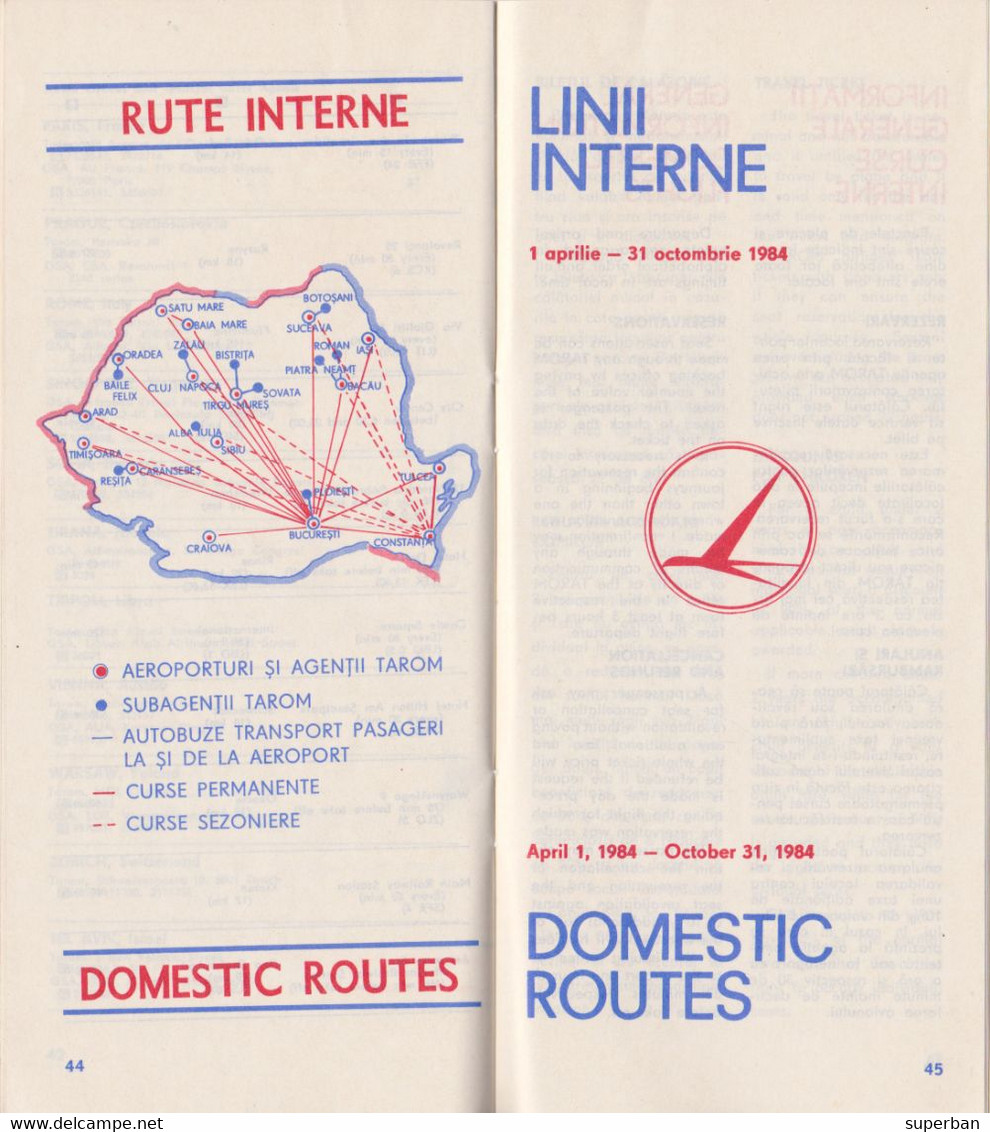 AVIATION CIVILE : TAROM / ROMANIAN AIR TRANSPORT - ORAR / FLUGPLAN / TIMETABLE : 25 MAR - 27 OCT 1984 - RRR !!! (ak857)