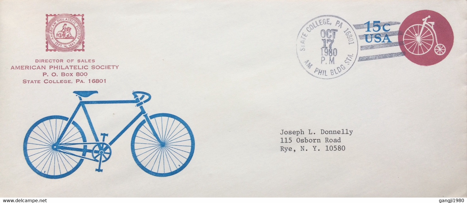 USA 1980, STATIONERY, ILLUSTRATE COVER USED,  “CYCLE” STATE COLLEGE CANCEL,AMERICAN PHILATELIC SOCIETY, - Brieven En Documenten
