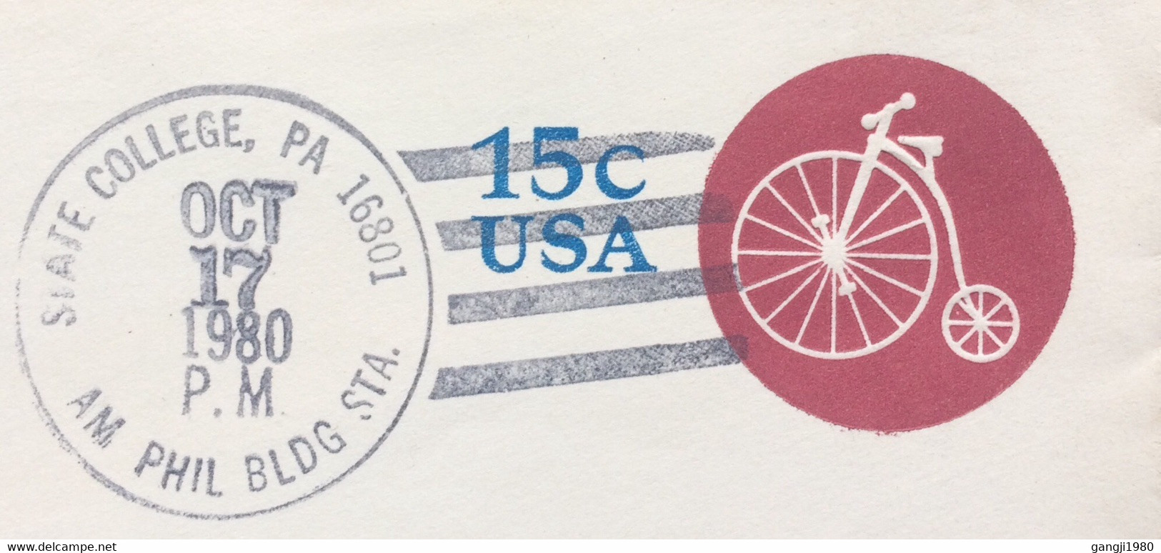 USA 1980, STATIONERY, ILLUSTRATE COVER USED,  “CYCLE” STATE COLLEGE CANCEL,AMERICAN PHILATELIC SOCIETY, - Covers & Documents