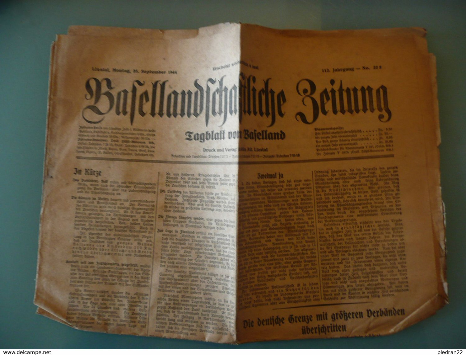 JOURNAL BASELLANDSCHAFTLICHE ZEITUNG SCHWEIZ SUISSE BALE 25 SEPTEMBRE 1944 - Autres & Non Classés