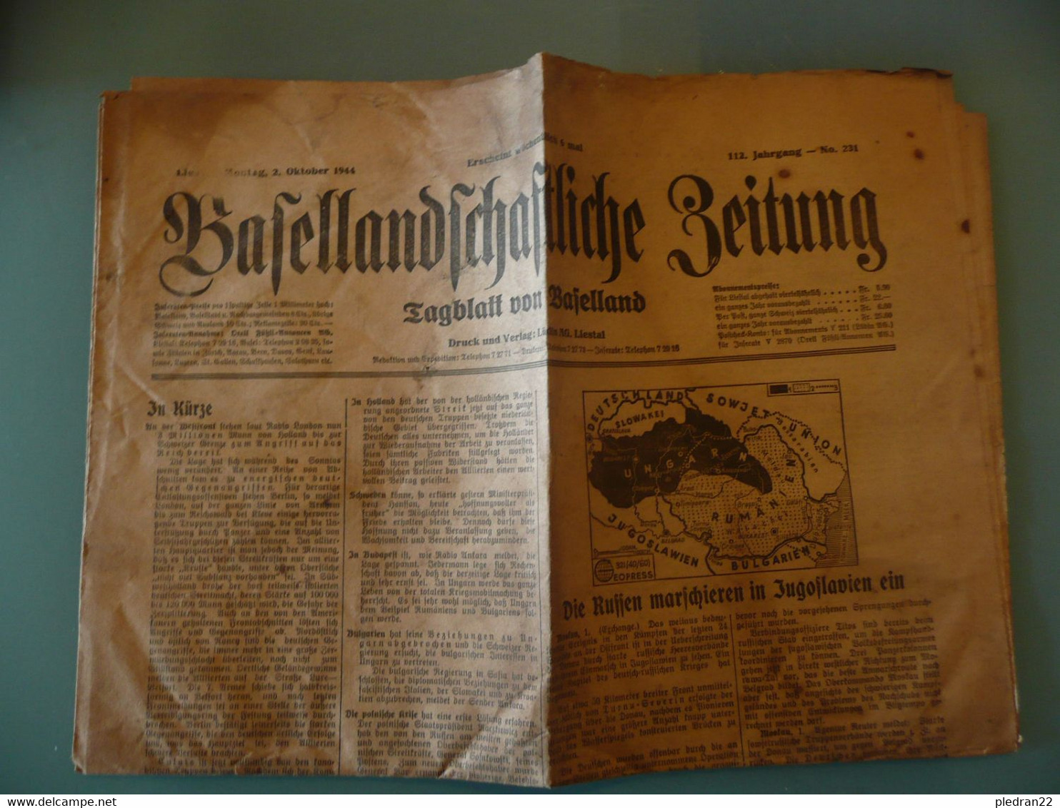 JOURNAL BASELLANDSCHAFTLICHE ZEITUNG SCHWEIZ SUISSE BALE 2 OKTOBER 1944 - Autres & Non Classés