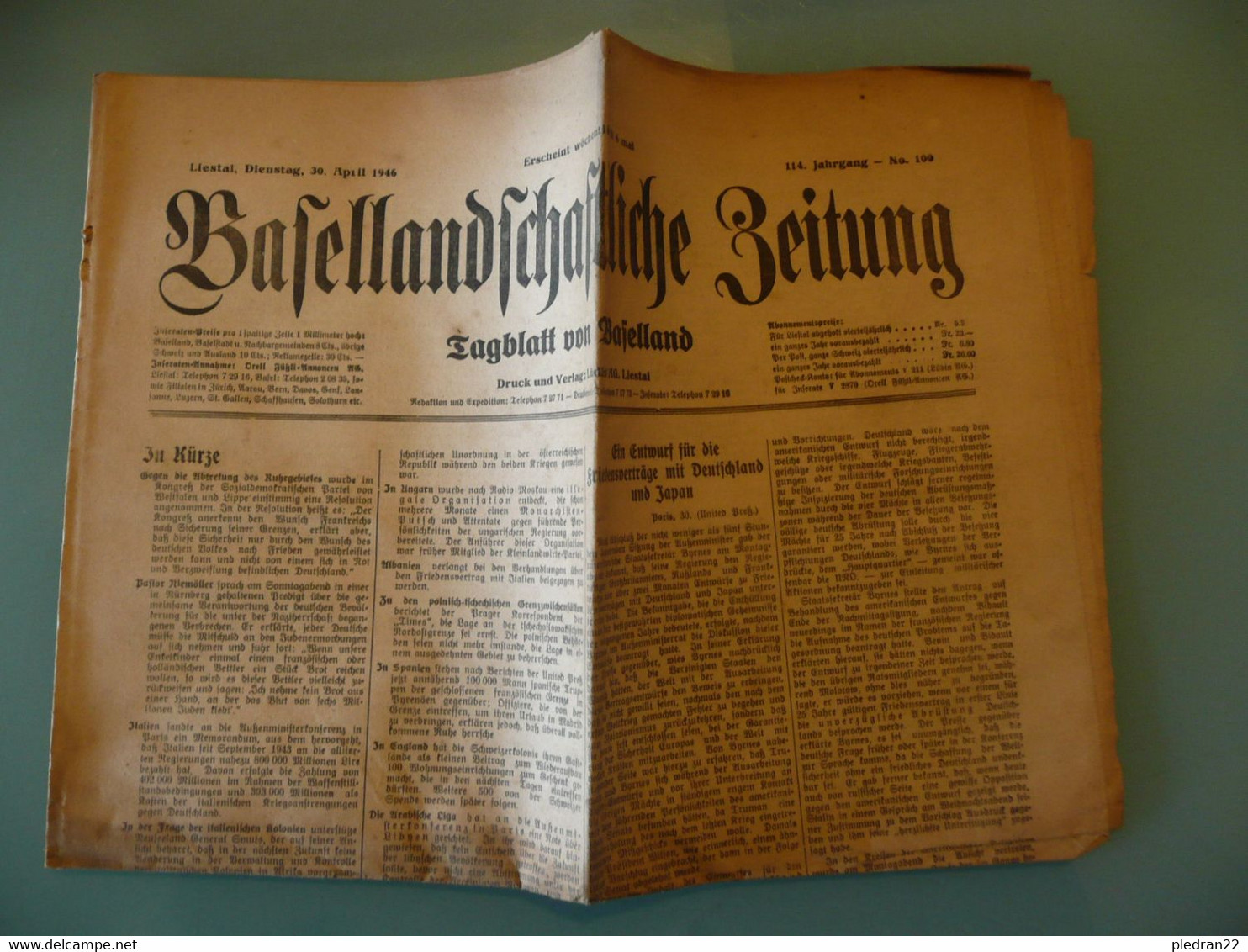 JOURNAL BASELLANDSCHAFTLICHE ZEITUNG SCHWEIZ SUISSE BALE 30 APRIL 1946 - Autres & Non Classés