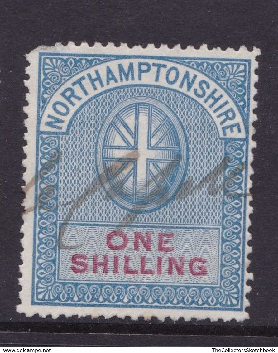 GB Fiscal/ Revenue Stamp.  Northamtonshire 1/- Blue And Carmine. Barefoot 20 - Revenue Stamps