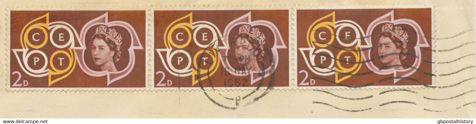 GB 1962, EUROPA CEPT 2 D (strip Of Three) Rare Multiple Postage Tied By Machine Postmark „LIVERPOOL / B“ On Very Fine - Storia Postale