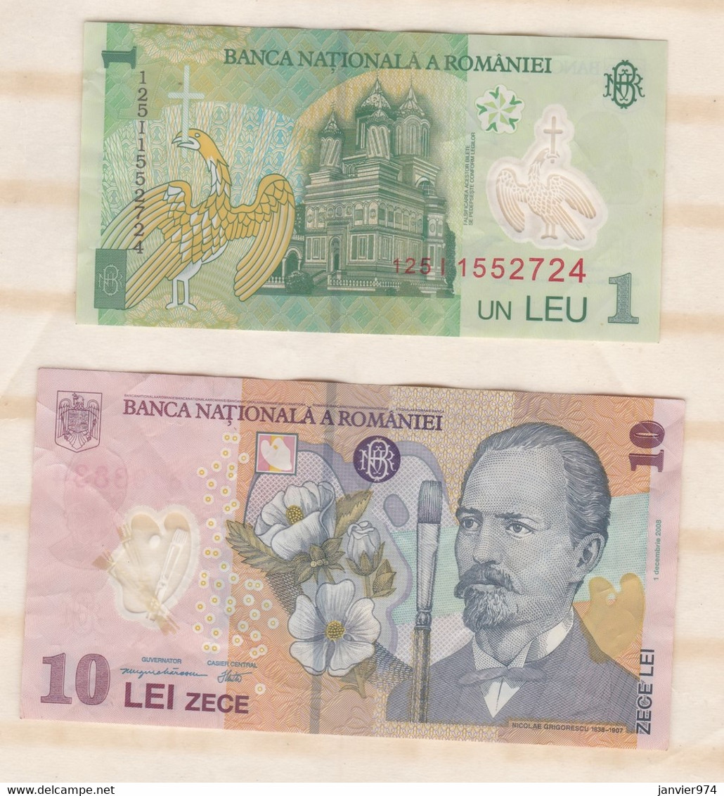 Roumanie . 2 Billets , 1 Leu 2005 Et 10 Leu 2008 , Billets Ayant Circulés - Rumania