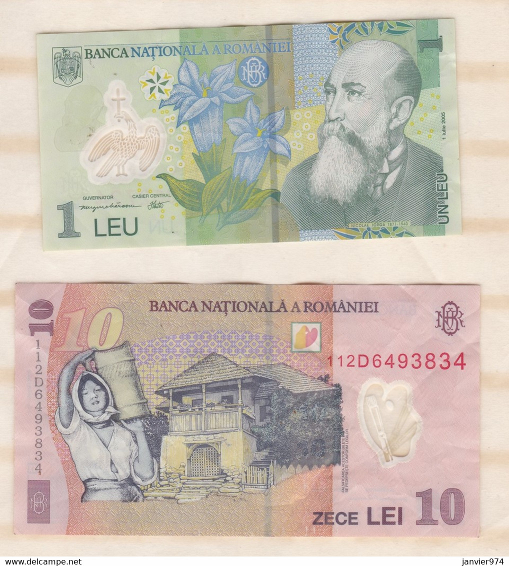 Roumanie . 2 Billets , 1 Leu 2005 Et 10 Leu 2008 , Billets Ayant Circulés - Romania