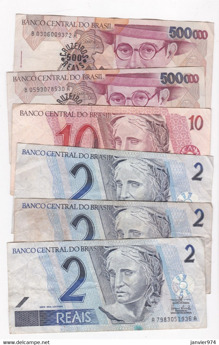 Brésil, 2 Reais 2003 (3 Billets) – 10 Reais 1994 - 500 Cruzeiros Reais ( 500.000 500000 Cruzeiros) 1993 – 2 Billets - Brésil