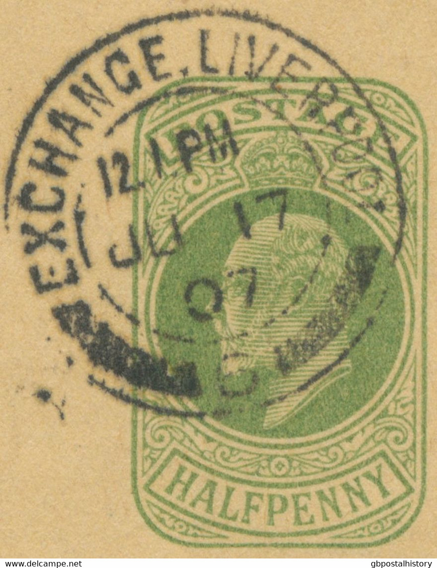 GB „EXCHANGE.LIVERPOOL / 6“ Rare CDS Double Circle 26mm Superb EVII ½ Yellowgreen Postal Stationery Wrapper To STUTTGART - Briefe U. Dokumente