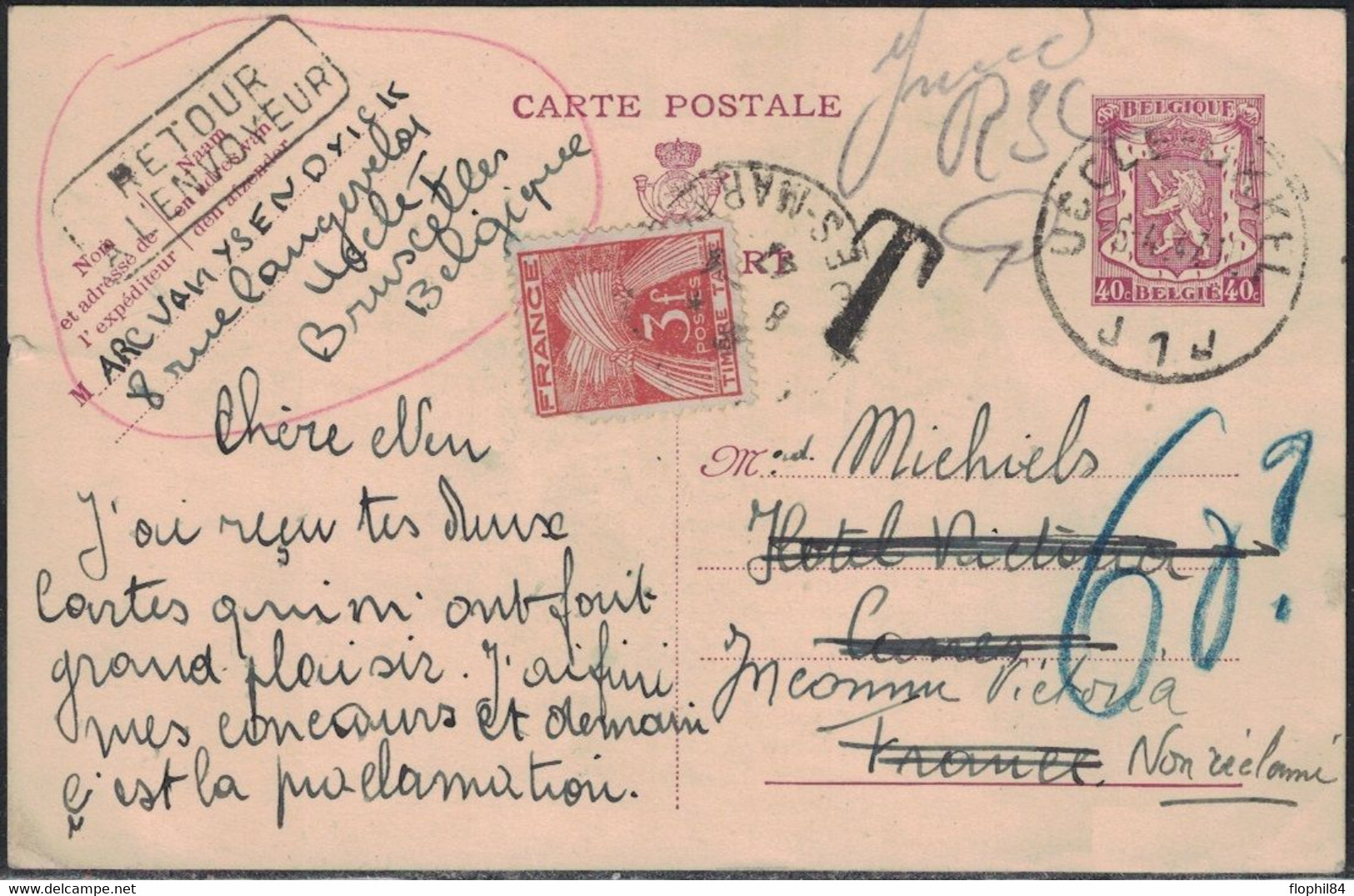BELGIQUE - ENTIER POSTAL POUR LA FRANCE - TAXE GERBE 3F - RETOUR ENVOYEUR - NON RECLAME. - 1960-.... Briefe & Dokumente