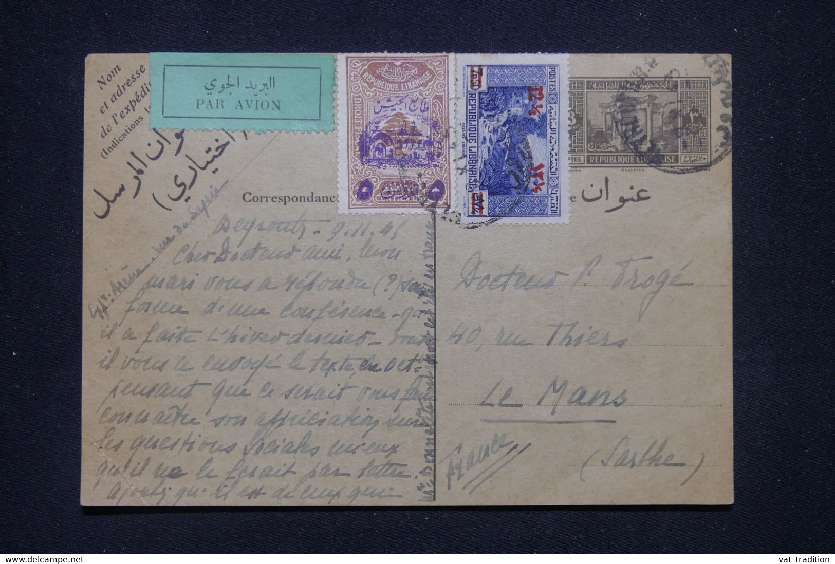 LIBAN - Entier Postal + Compléments De Beyrouth Pour La France Par Avion ( étiquette ) En 1945  - L 134769 - Briefe U. Dokumente