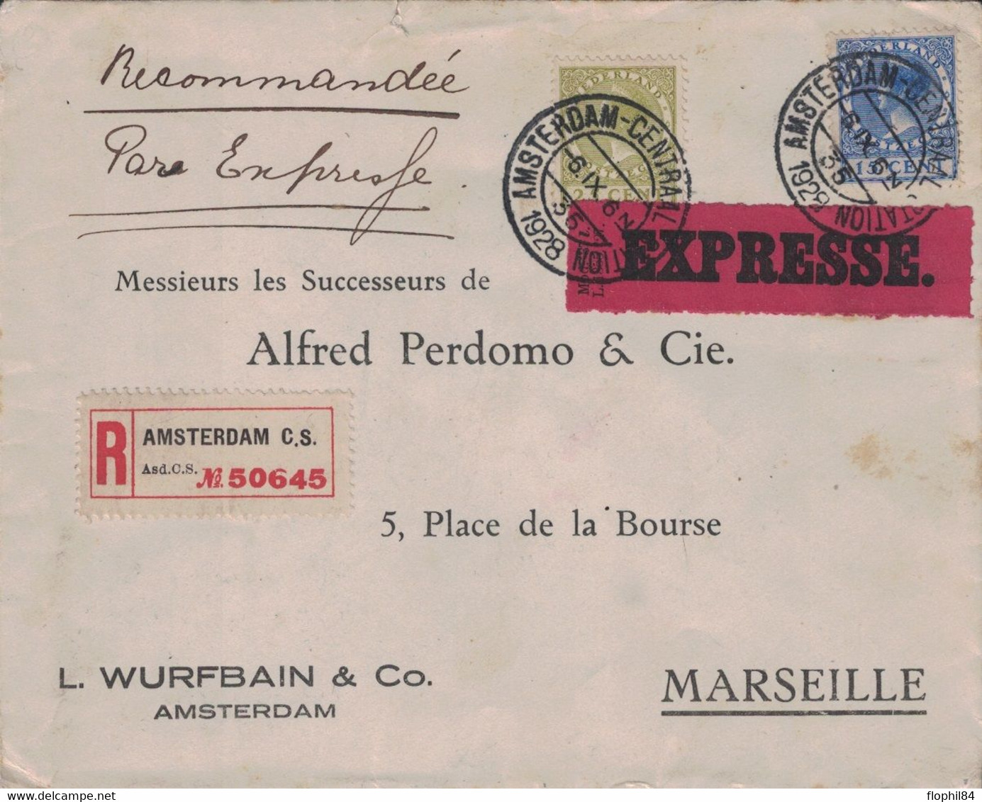 PAYS-BAS - AMSTERDAM CENTRAL STATION - LETTRE RECOMMANDEE EXPRES LE 6-9-1928 POUR MARSEILLE. - Marcophilie