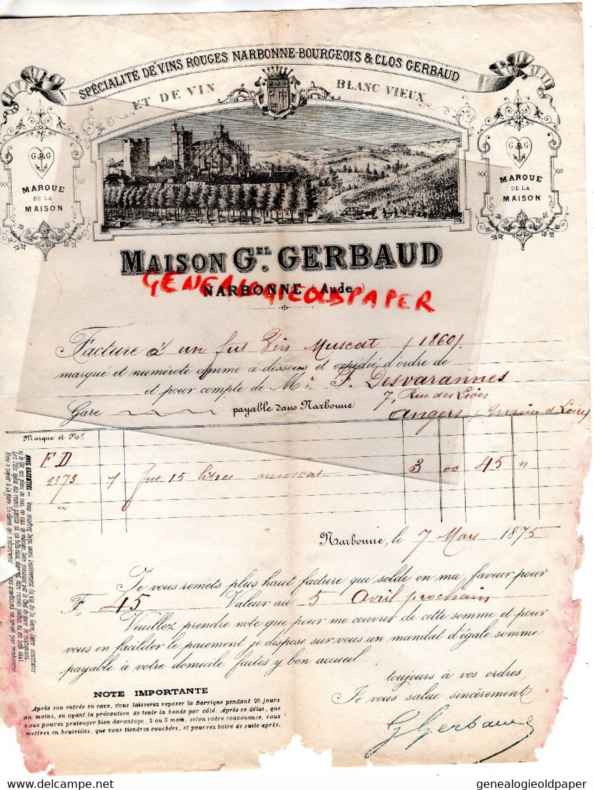 11- NARBONNE-RARE FACTURE 1860- MAISON GERBAUD- MARCHAND VINS BOURGEOIS & CLOS GERBAUD-M. DESVARANNES ANGERS - Food