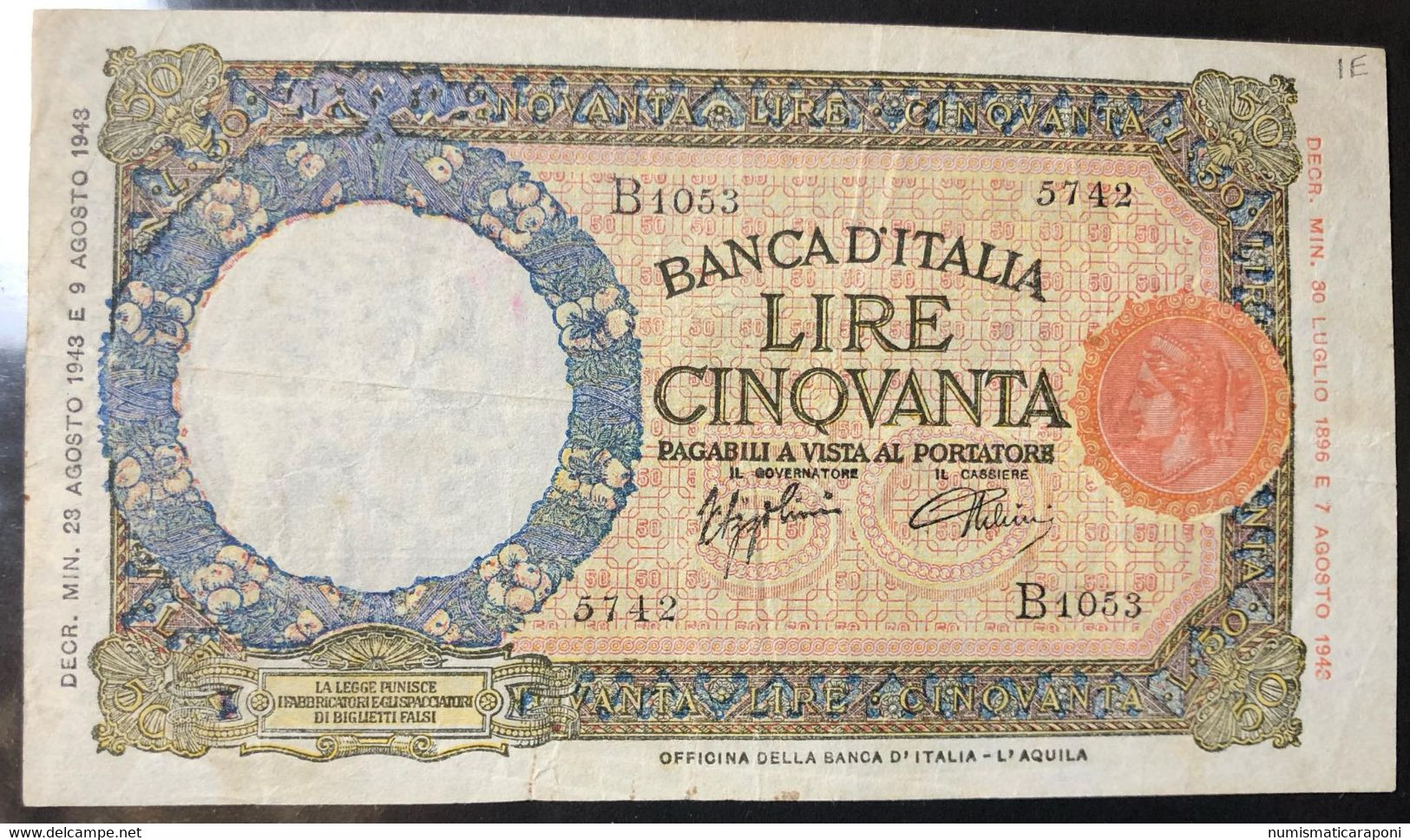 50 Lire Lupetta Capitolina L'aquila ( B.I.) 23 08 1943 R2 RR Mb/bb   LOTTO 1787 - 50 Liras