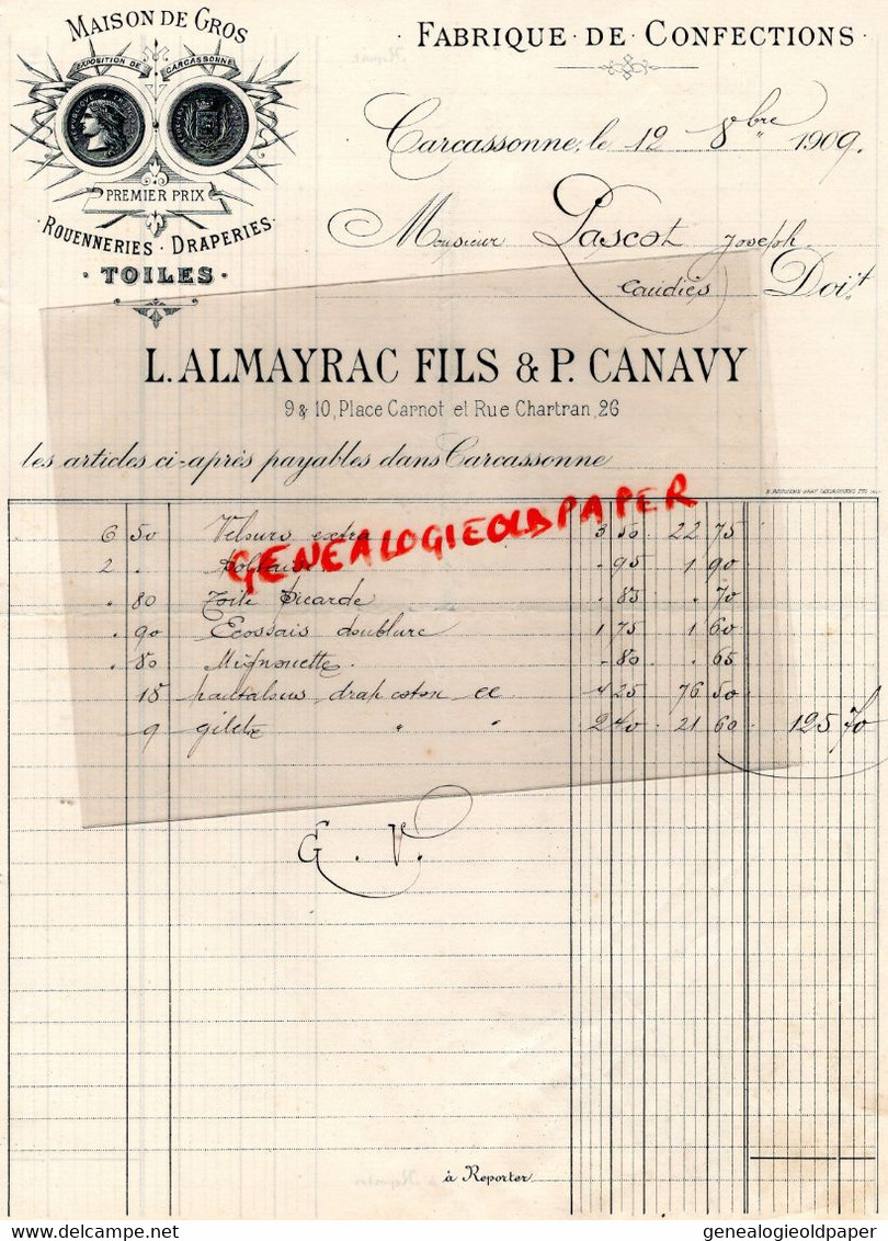 11-CARCASSONNE- RARE FACTURE L. ALMAYRAC FILS & P. CANAVY-FABRIQUE CONFECTIONS-9 PLACE CARNOT-JOSEPH PASCOT CAUDIES-1909 - Textile & Clothing