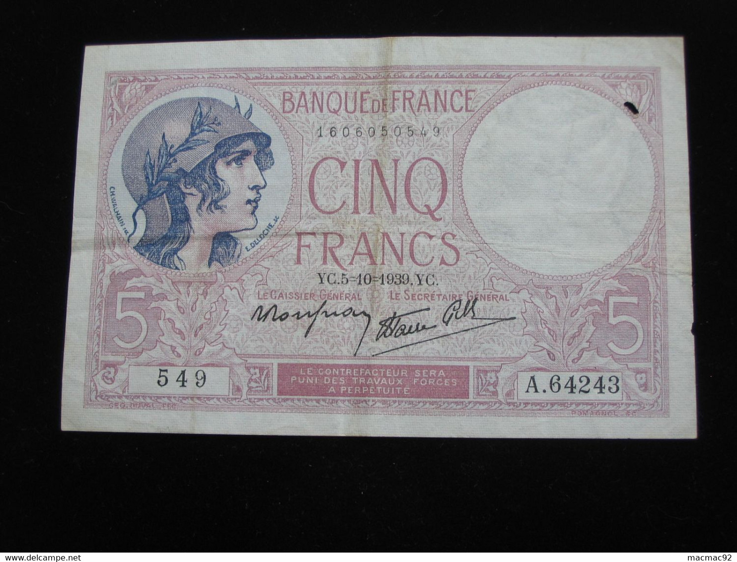 5 Francs Violet 5=10=1939   **** EN ACHAT IMMEDIAT **** - 5 F 1917-1940 ''Violet''