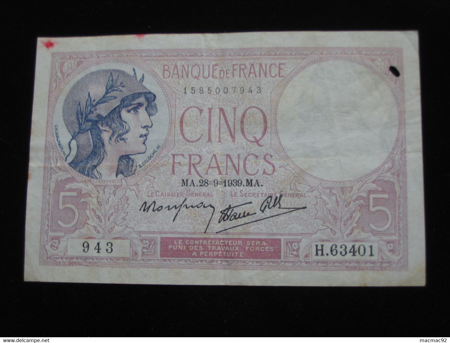 5 Francs Violet 28=9=1939   **** EN ACHAT IMMEDIAT **** - 5 F 1917-1940 ''Violet''