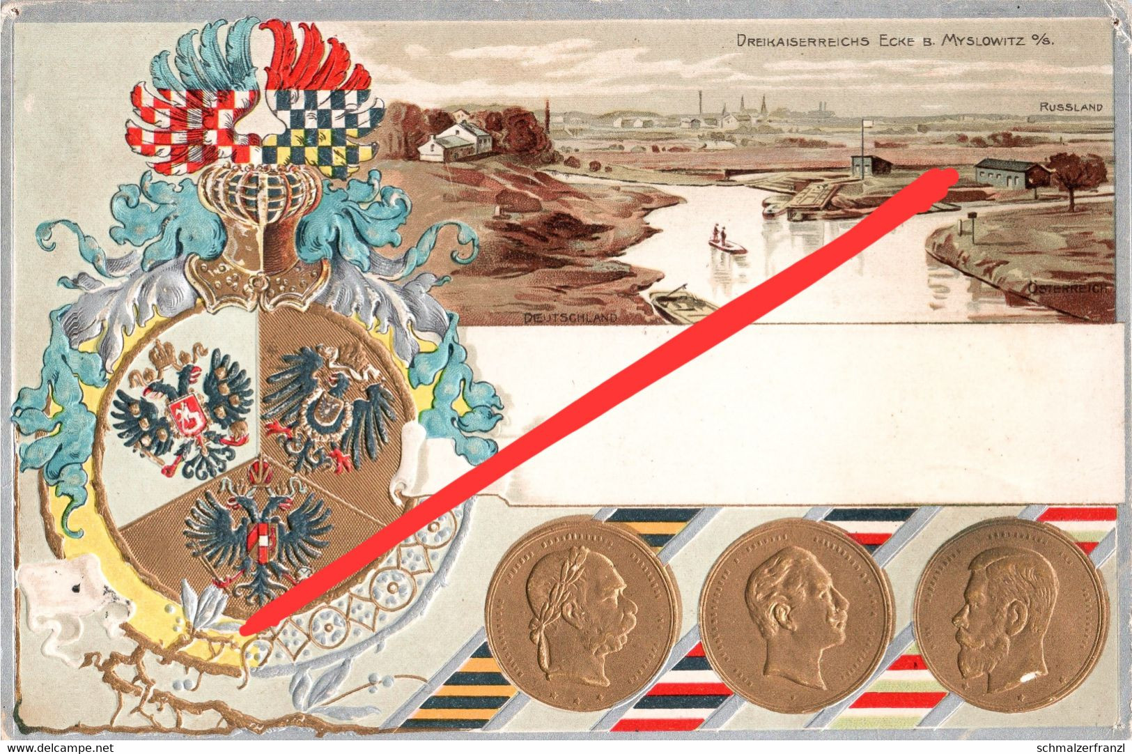 Litho Gold Präge AK Dreikaiserreichsecke Myslowitz Myslowice A Jaworzno Szczakowa Granice Sosnowitz Kattowitz Beuthen - Schlesien