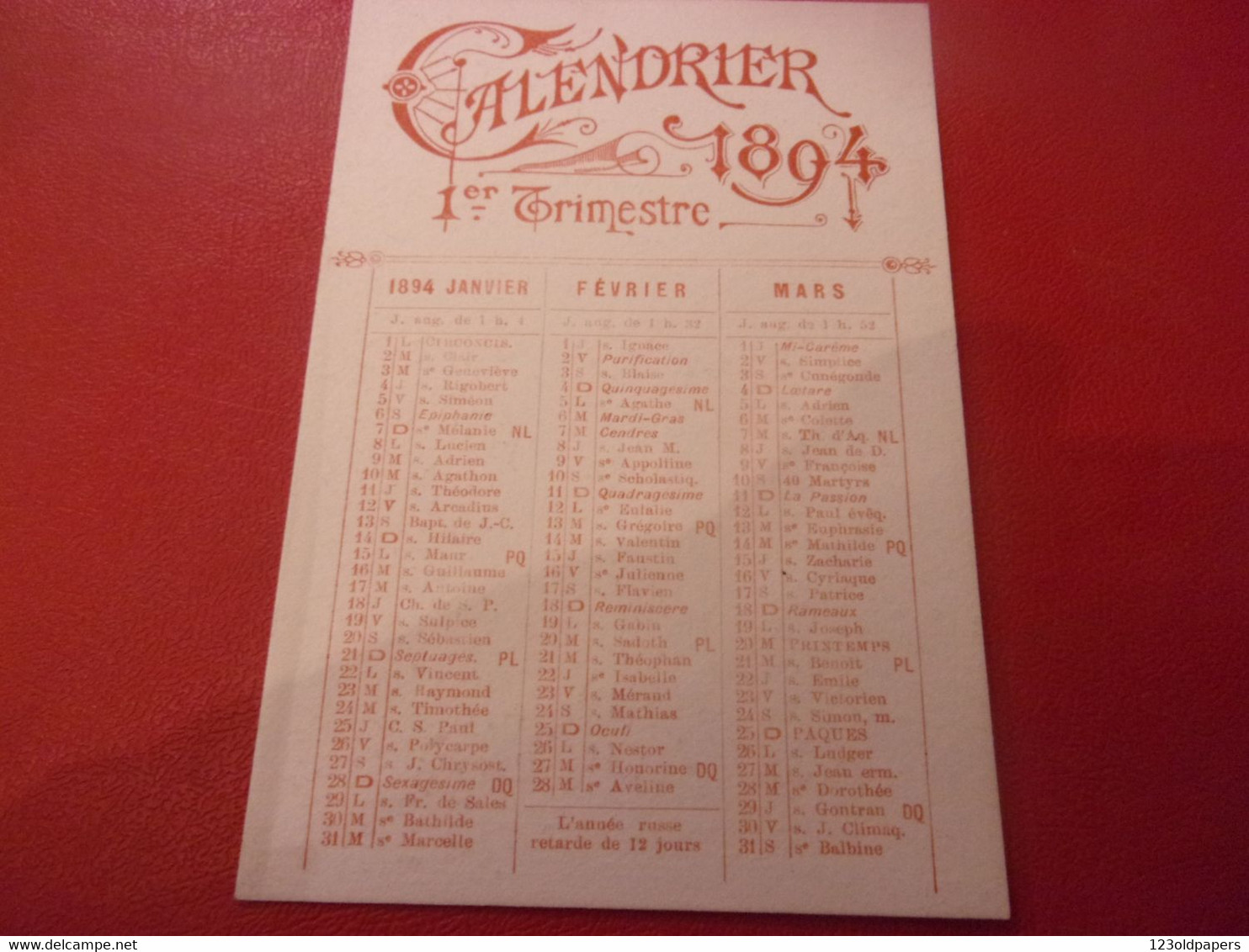 ♥️  CALENDRIER 1ER TRIMESTRE 1894  PHOSPHATINES FALIERES PARIS 6 RUE VICTORIA - Petit Format : ...-1900