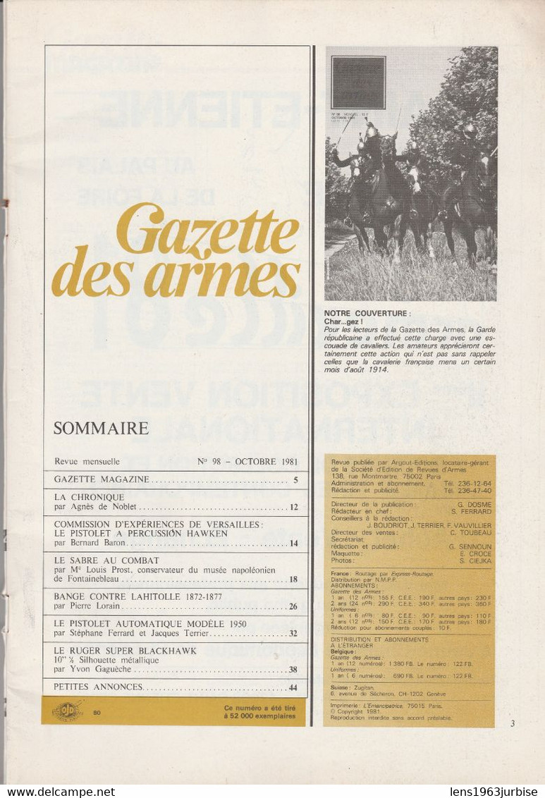 Gazette Des Armes , N° 98 , Octobre 1981 , Le Pistolet PA, Modèle 1950 Sabre , Militaria  , Militaire - Armas