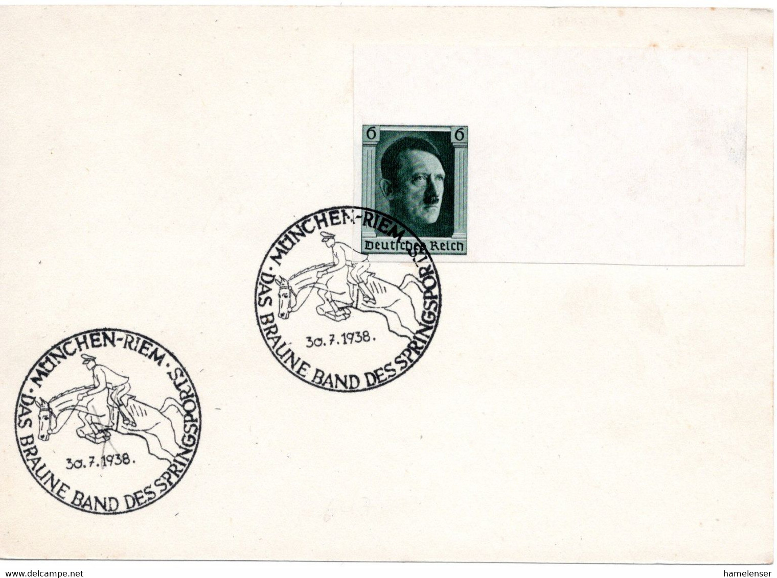 55424 - Deutsches Reich - 1938 - 6Pfg Hitler / Briefmarkenausstellung EF A Kte M SoStpl MUENCHEN - DAS BRAUNE BAND ... - Hippisme