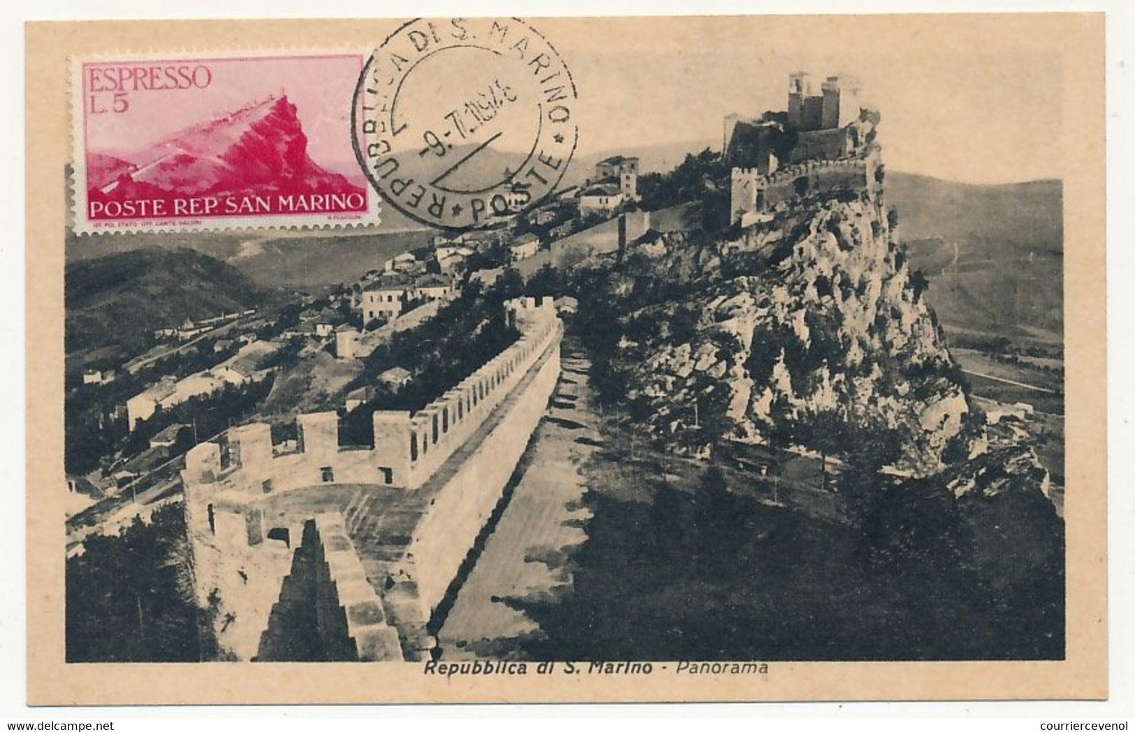 SAINT MARIN - Carte Maximum - 5 L Espresso - Panorama De St Marin - 9/7/1946 - Storia Postale